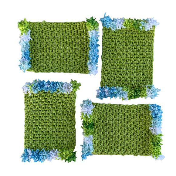 Mug Rugs Handmade Crochet Green Blue White Cotton Fringe Set of 4 Coasters - Picture 2 of 10